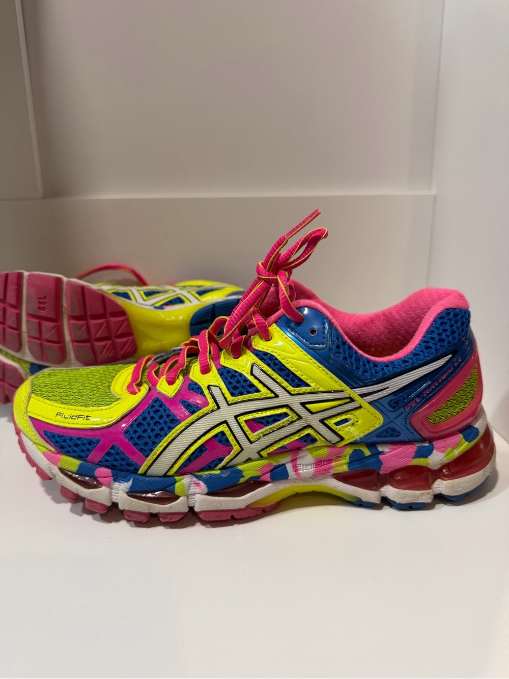 Asics Neon Yellow Blue Pink Women's Athletic Running Shoes - Picture 2 of 3
